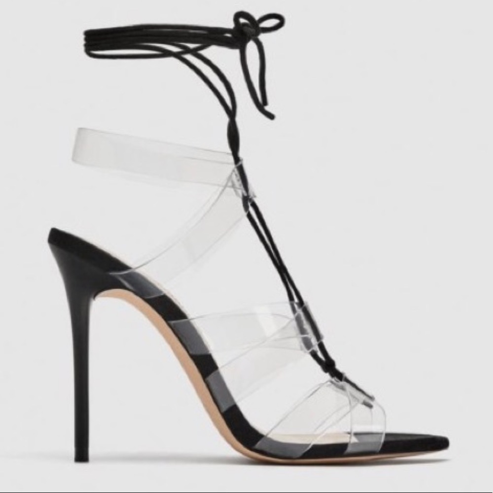 ZARA: Black & Clear Lace-up Stilettos